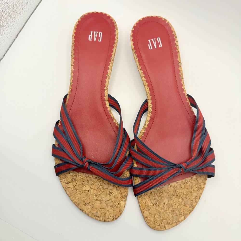 Women's Y2K GAP Sandals Slip On Red Blue Bow Vintage Cork Size 9 - Picture 2 of 5
